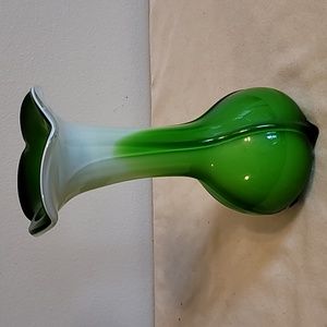 Vintage Jack in Pulpit Green White Handblown Art Glass Vase